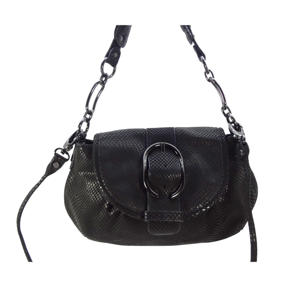 Adrienne Vittadini Black Snake Skin-Embossed Leather Shoulder‎ Bag Silver Buckle